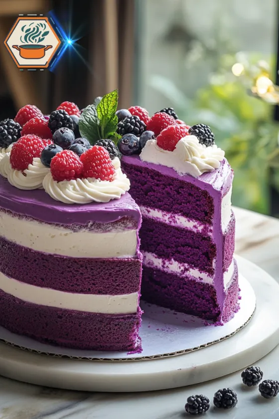 Luxurious whole Purple Velvet Cake topped with white frosting swirls and decorative sprinkles, presented as a festive centerpiece on a celebration table.