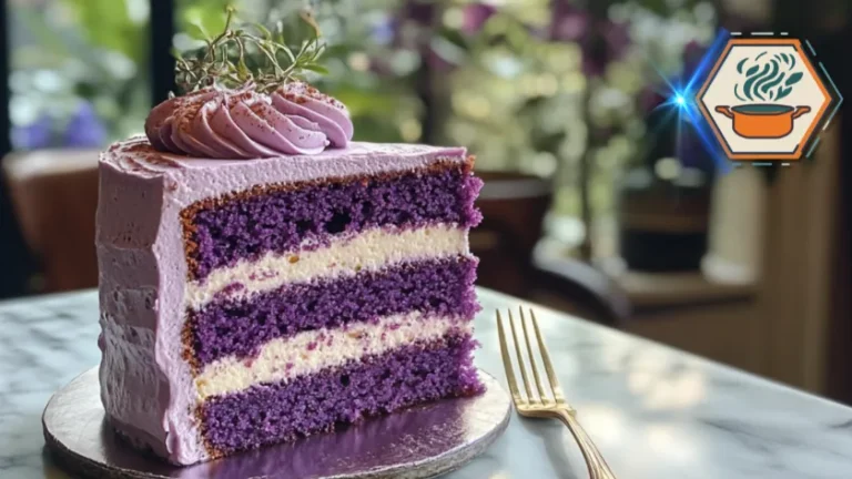 Close-up of a richly colored Purple Velvet Cake slice with detailed frosting layers, highlighting the moist texture and vibrant violet hue.