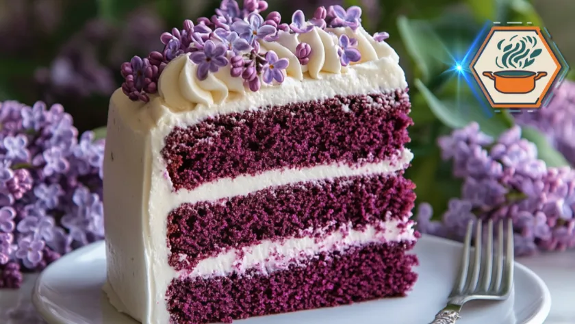 Ultra-detailed slice of Purple Velvet Cake with creamy frosting layers and a vibrant purple crumb, served on a dessert plate.