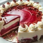 Red Velvet Cheesecake slice topped with cream cheese frosting and red velvet crumbs, presented on a white plate for an elegant dessert look.