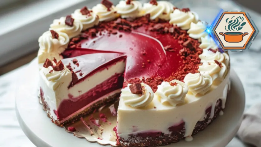 Red Velvet Cheesecake slice topped with cream cheese frosting and red velvet crumbs, presented on a white plate for an elegant dessert look.