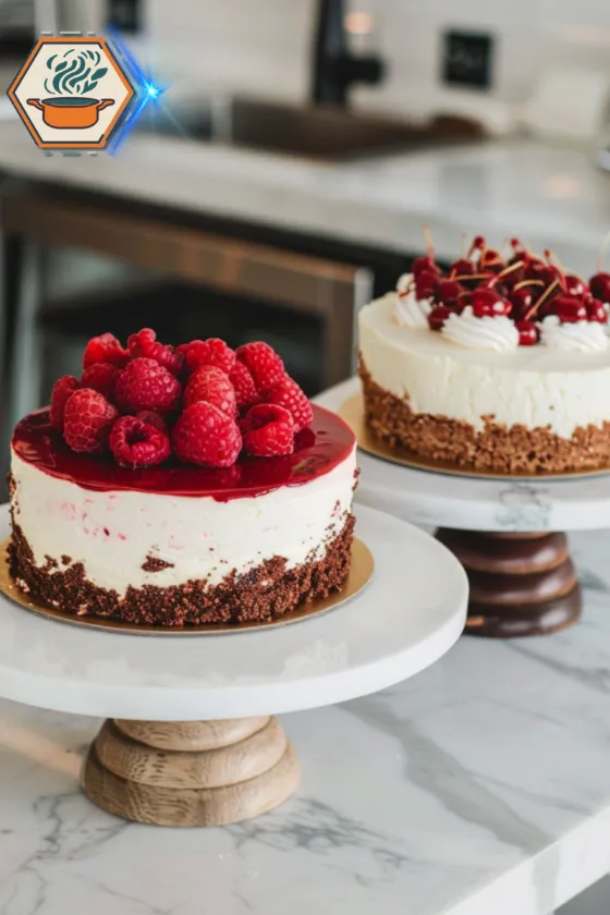 Side-by-side comparison of Red Velvet Cheesecake and Classic Cheesecake slices on an elegant white marble surface, highlighting texture and color differences.