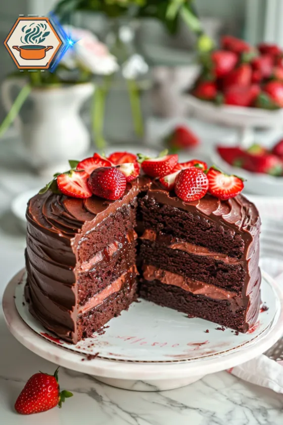 A sliced Strawberry Filled Chocolate Cake on a marble surface, revealing its moist chocolate layers and juicy fresh strawberry filling.