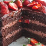 A slice of rich chocolate cake with a vibrant strawberry filling, highlighting moist cake layers and fresh fruit in a decadent dessert.