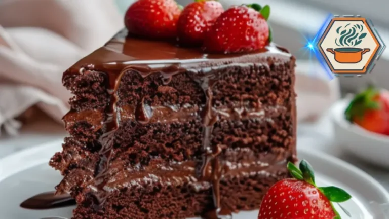 A beautifully arranged dessert setup featuring a Strawberry Filled Chocolate Cake slice on a white plate, surrounded by elegant table décor and warm lighting.