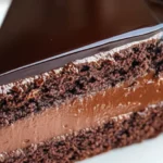Close-up of a Dark Silk Chocolate Cake slice in natural lighting, showing rich, glossy chocolate layers with a homemade, rustic finish.