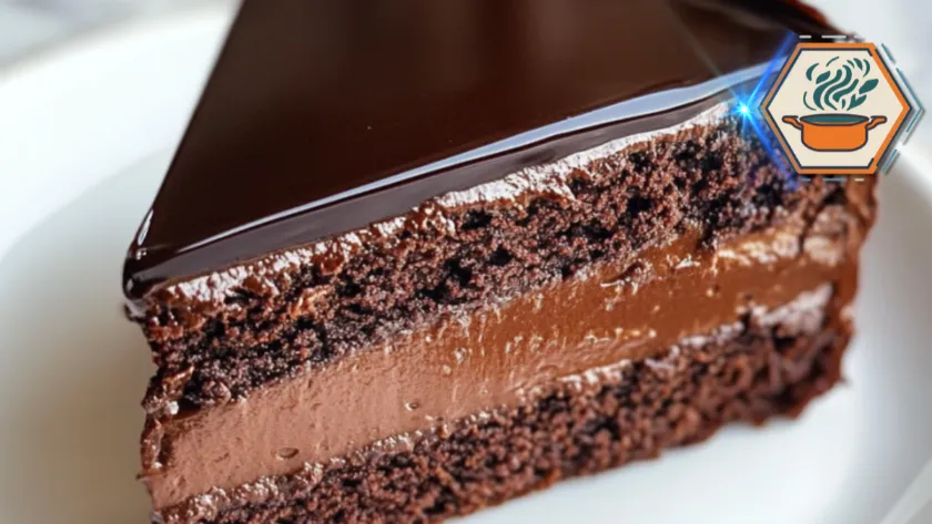 Dark Silk Chocolate Cake Recipe Guide 2 Close-up of a Dark Silk Chocolate Cake slice in natural lighting, showing rich, glossy chocolate layers with a homemade, rustic finish.