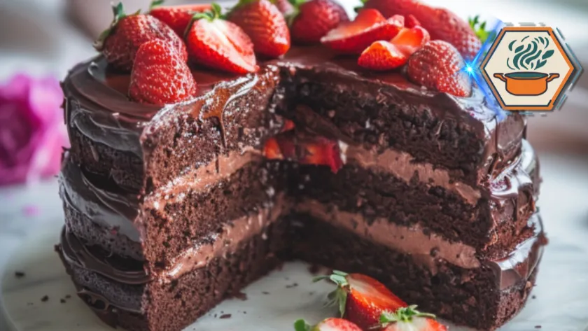 A slice of rich chocolate cake with a vibrant strawberry filling, highlighting moist cake layers and fresh fruit in a decadent dessert.