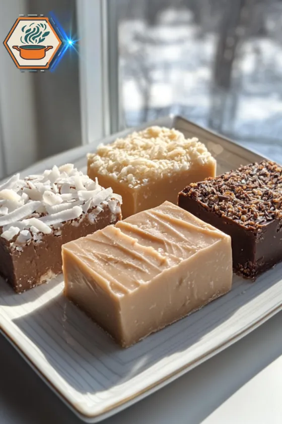 Side-angle photo of Two-Ingredient Coconut Fudge pieces on a plate, highlighting their soft texture and showing variation-friendly presentation in a home setting.