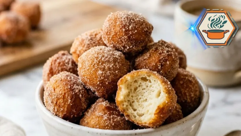 2 Ingredient Donut Holes in a white bowl coated with cinnamon sugar