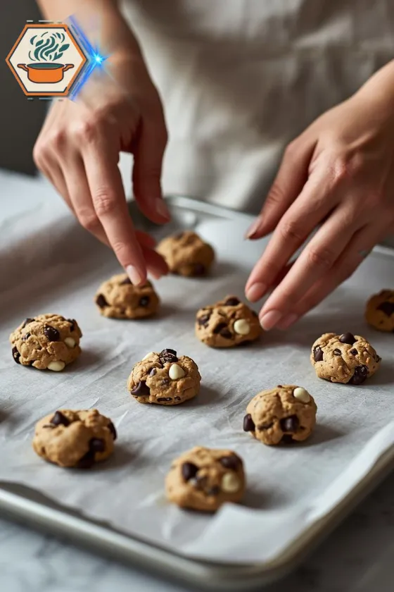 Hands placing Triple Chocolate Cookie dough on baking tray