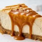 No-Bake Caramel Cheesecake with graham cracker crust and glossy caramel topping