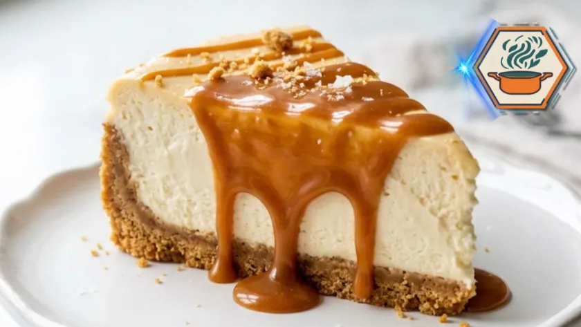 No-Bake Caramel Cheesecake with graham cracker crust and glossy caramel topping