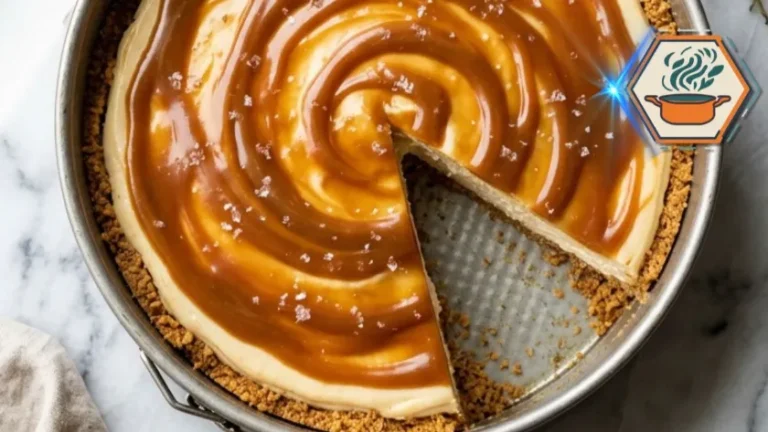 Sliced No-Bake Caramel Cheesecake in springform pan with caramel topping