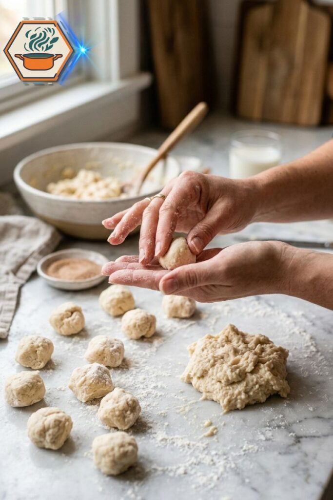 Hands shaping dough for 2 Ingredient Donut Holes