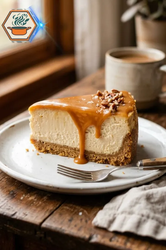 Slice of No-Bake Caramel Cheesecake with creamy filling and caramel drizzle