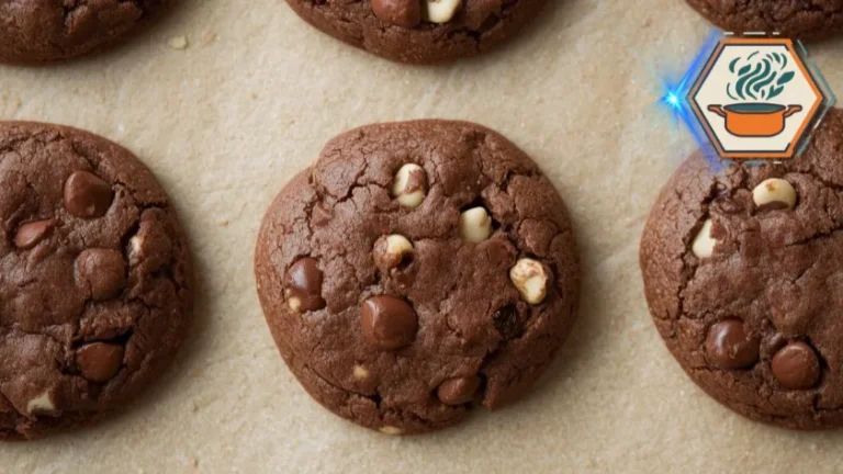 Top view of Triple Chocolate Cookies on baking tray with mixed chocolate chips