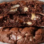 Triple Chocolate Cookies stacked with gooey melted chocolate center on white marble background
