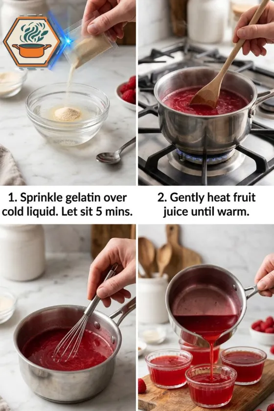 3 ingredient gelatin recipe step-by-step collage 4-step 3 ingredient gelatin recipe showing blooming heating mixing and pouring