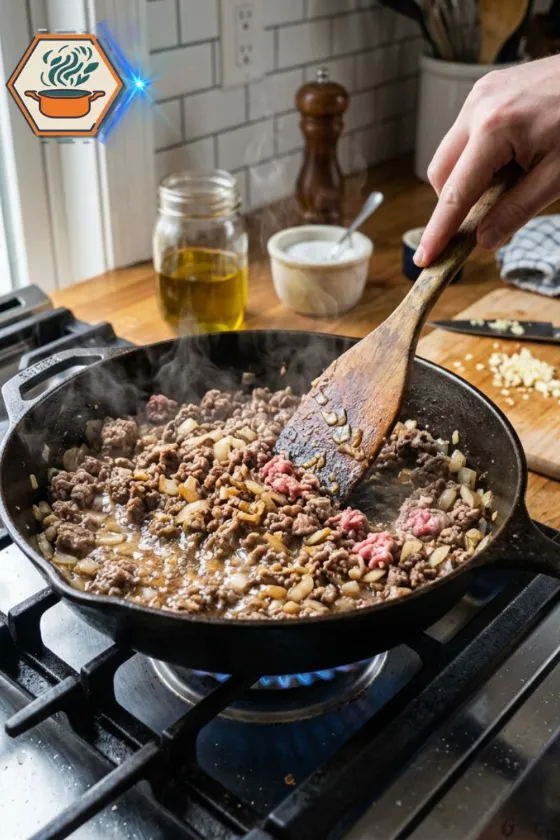 cooking ground beef with garlic for a dirty spaghetti recipe