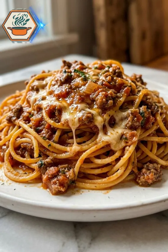 creamy dirty spaghetti with beef and melted cheese close up