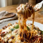 cheesy dirty spaghetti with beef and melted cheese