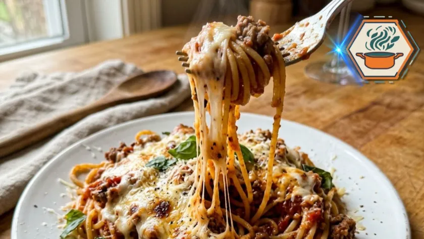 cheesy dirty spaghetti with beef and melted cheese