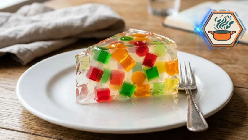 gelatin sculpture dessert sliced showing clear jelly texture and colorful edible gelatin design