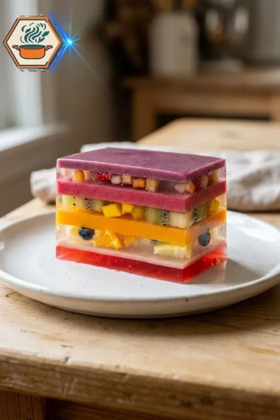 layered gelatin dessert with clear and colored edible jelly layers
