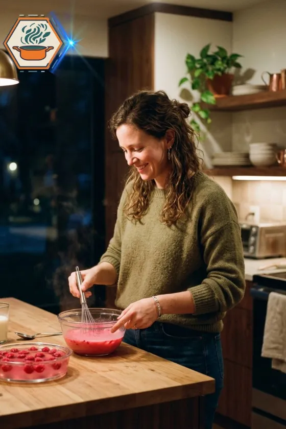 woman preparing pink gelatin recipe at night
