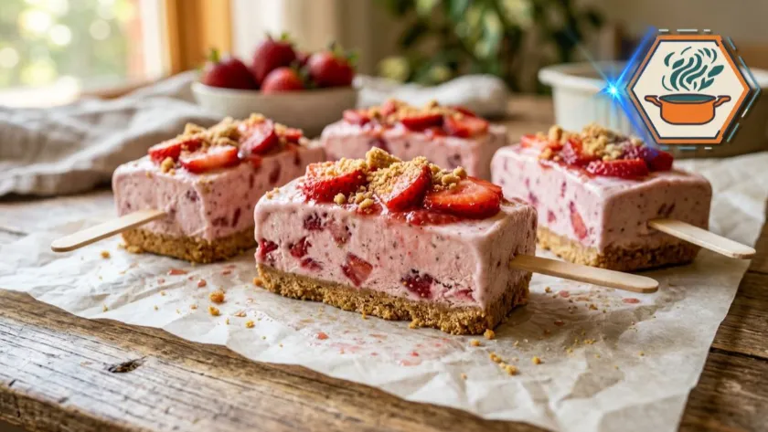 Homemade strawberry cheesecake ice cream bars with fresh strawberries