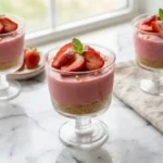 Text : Summer table with frozen strawberry cheesecake cups