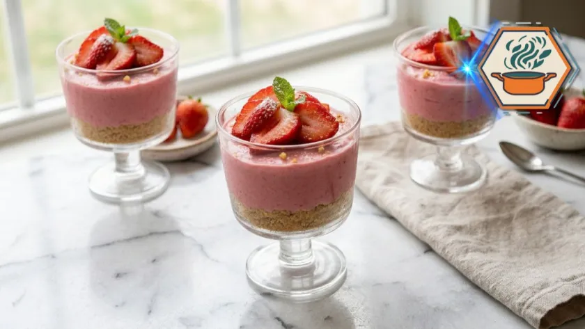Frozen Strawberry Cheesecake Cups Recipe 1 Text : Summer table with frozen strawberry cheesecake cups