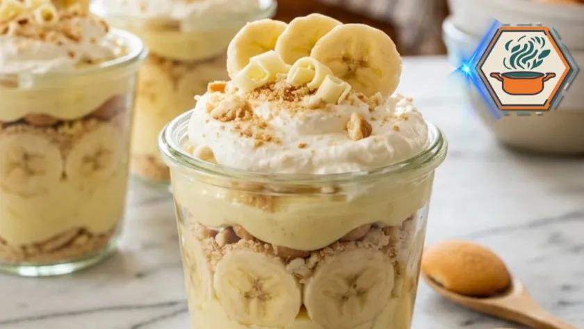 3-Ingredient Banana Pudding Cups 3 3-Ingredient Banana Pudding Cups in glass cups on white marble countertop