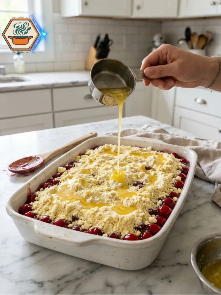 How To Build A Dump Cake Butter poured over cake mix