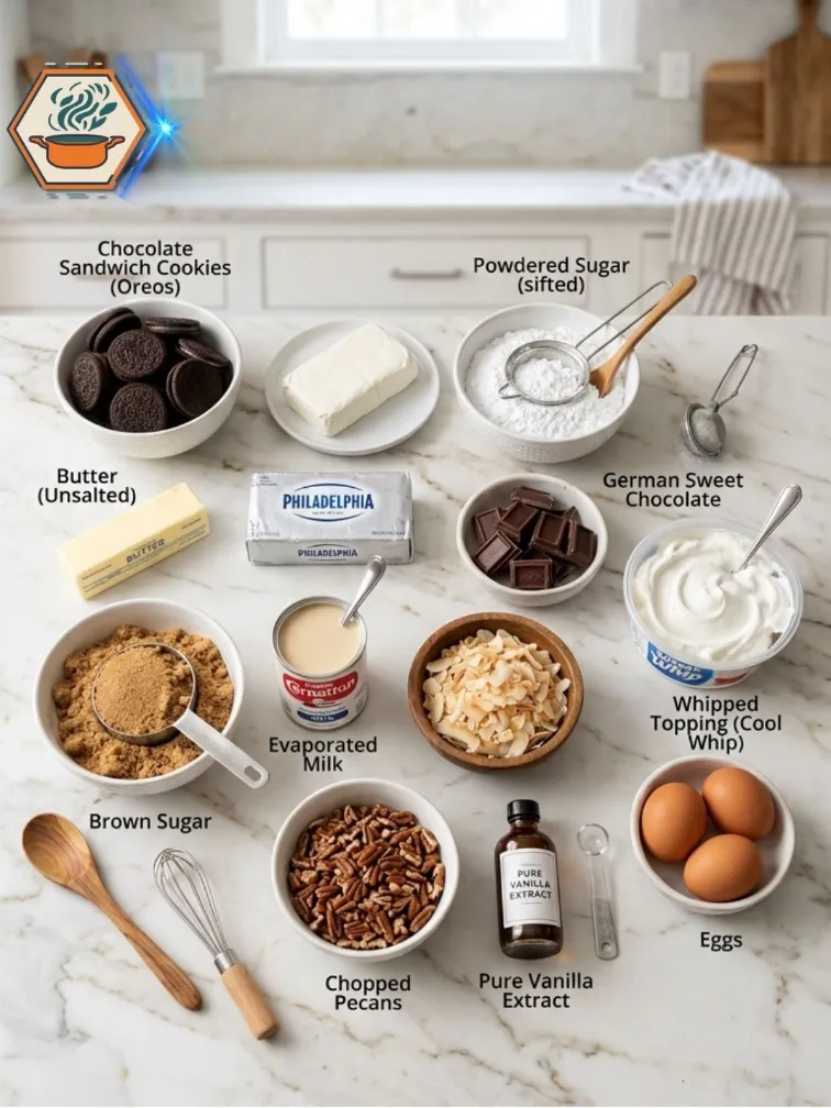 Ingredients for No-Bake German Chocolate Pie arranged on white marble.