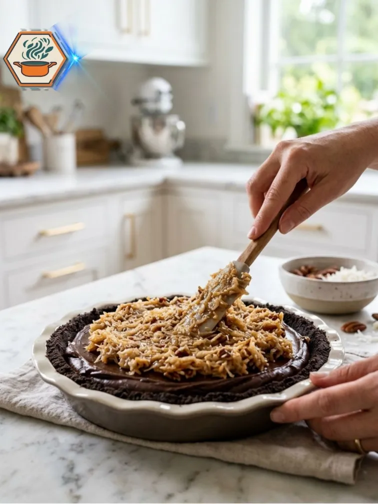 Assembling the No-Bake German Chocolate Pie.