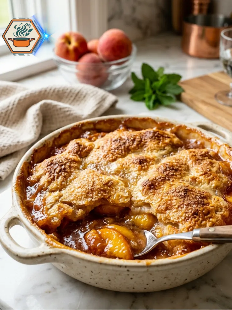 Perfect Two-Ingredient Peach Cobbler Golden baked Two-Ingredient Peach Cobbler