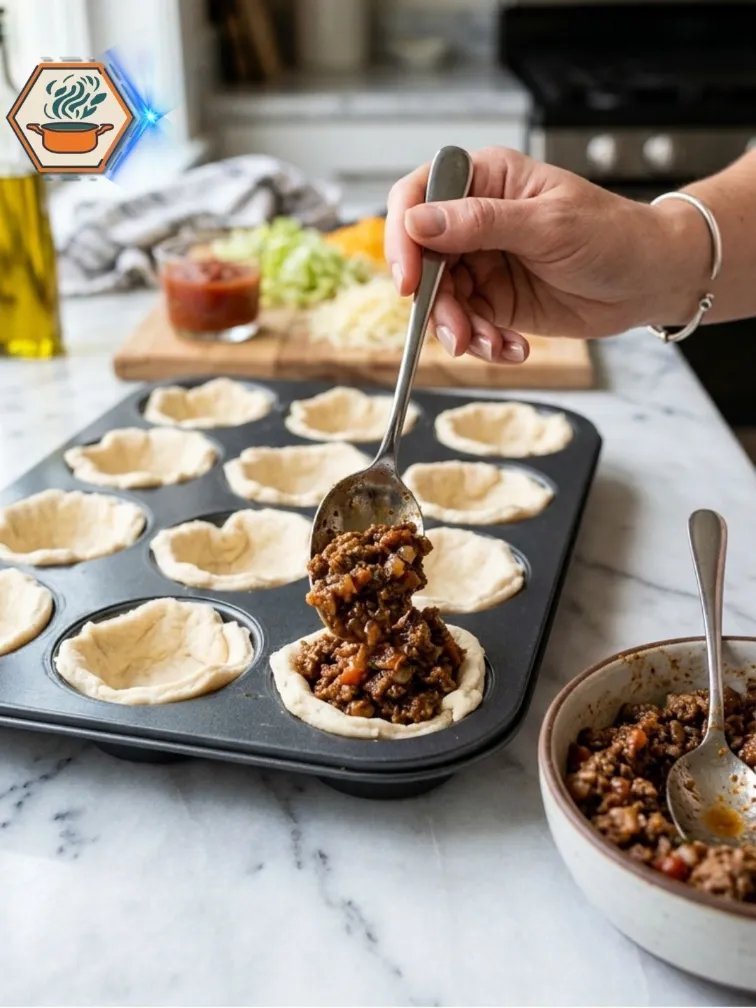 Taco Cup Filling Process Freshly baked taco cups in muffin pan