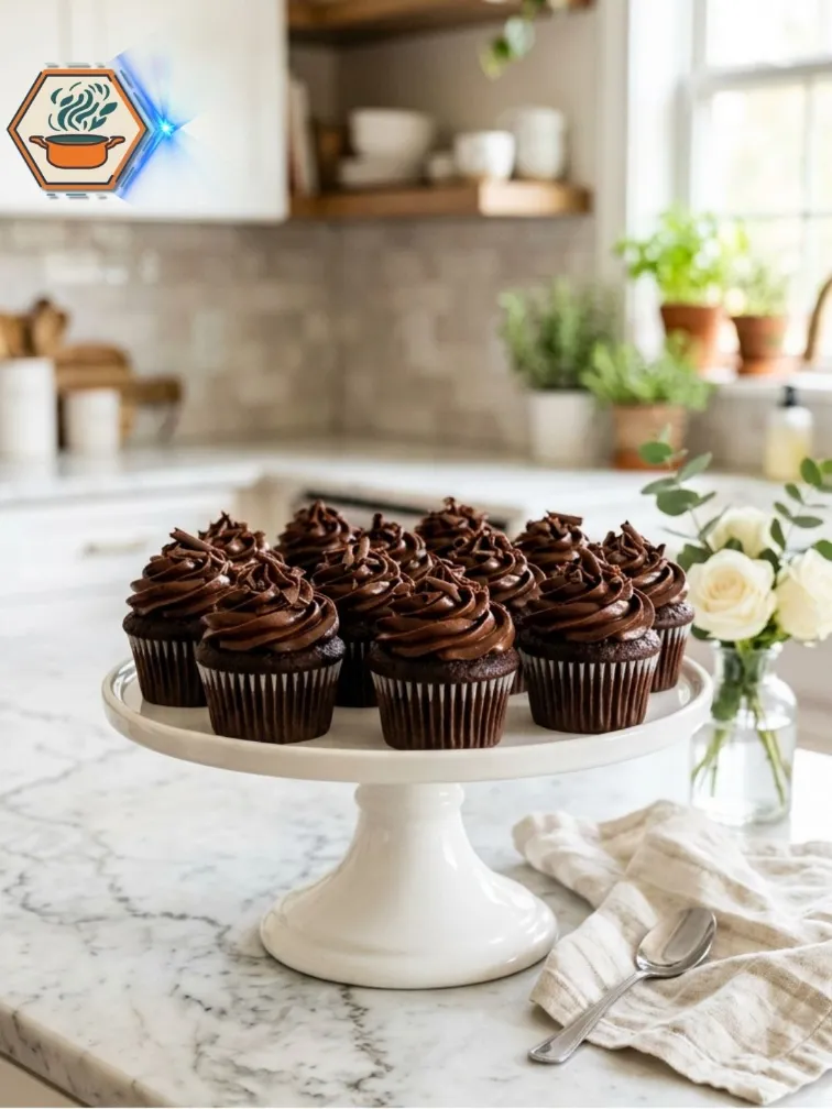 Chocolate Fudge Cupcakes served on a white cake stand
