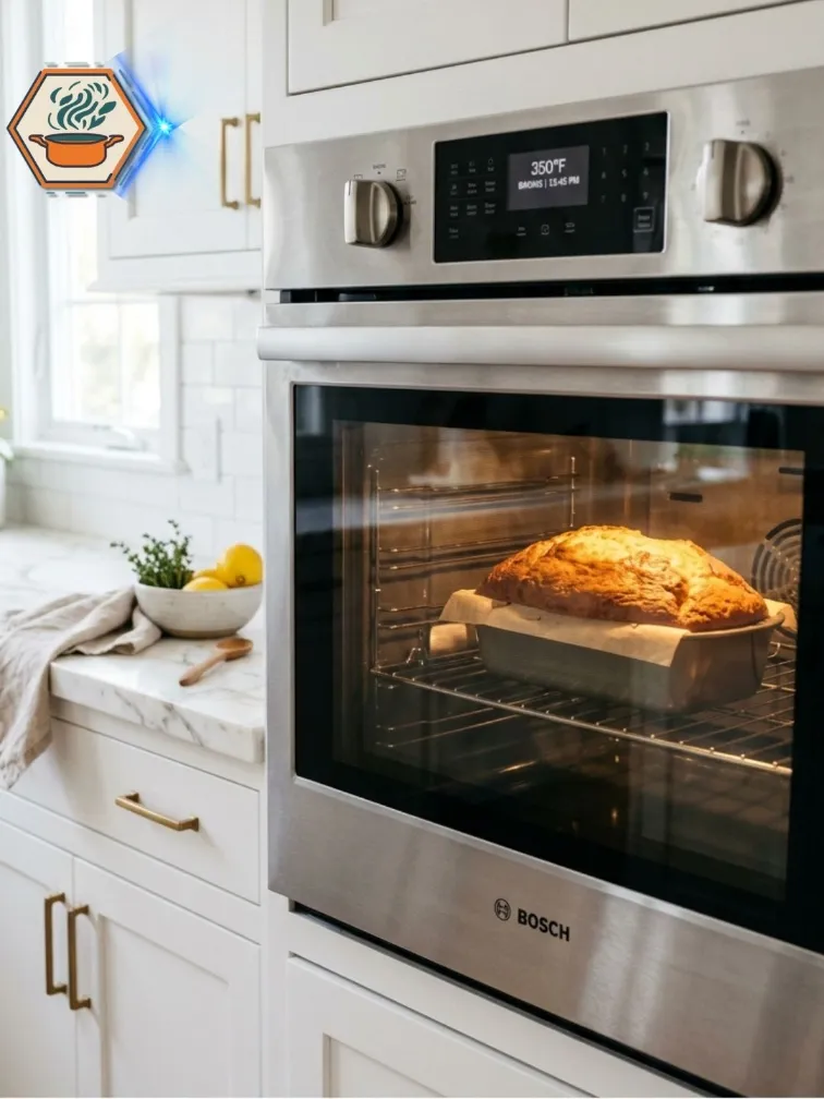 Golden lemon loaf baking in the oven.