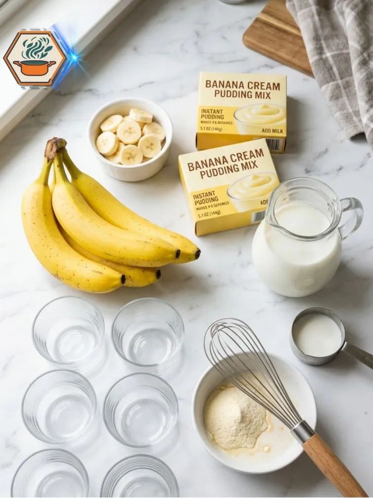 Ingredients for Banana Pudding Cups Ingredients for 3-Ingredient Banana Pudding Cups on marble counter