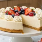 Four-Ingredient No-Bake Cheesecake topped with fresh berries on a white marble countertop.