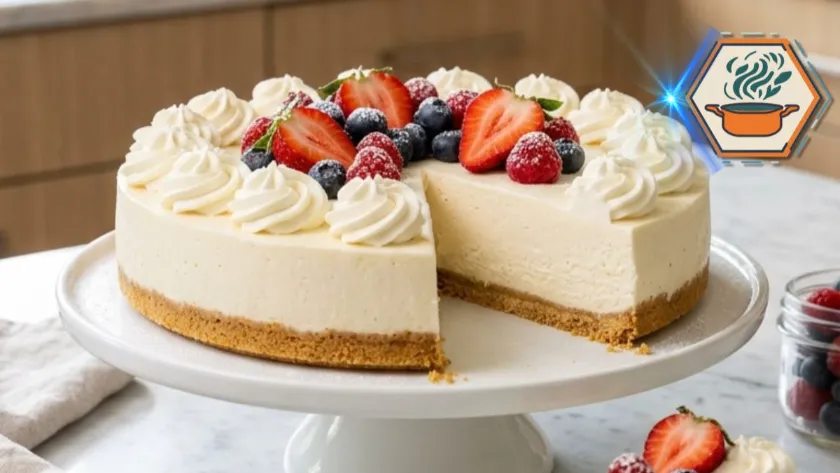 Four-Ingredient No-Bake Cheesecake topped with fresh berries on a white marble countertop.