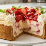 Four-Ingredient Strawberry No-Bake Cheesecake on a white marble countertop.