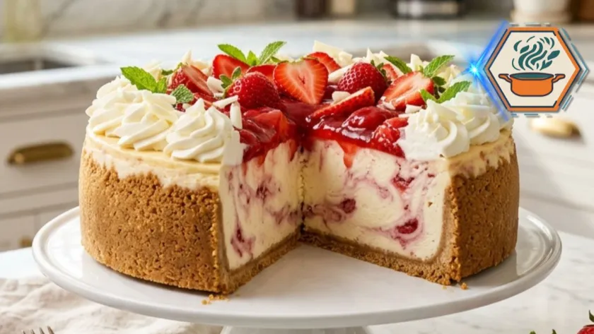 Four-Ingredient Strawberry No-Bake Cheesecake on a white marble countertop.