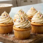 Vanilla cupcakes with buttercream frosting on a white marble kitchen island