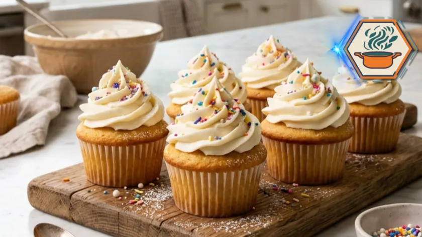 Vanilla Cupcakes Recipe: Soft, Fluffy & Easy 7 Vanilla cupcakes with buttercream frosting on a white marble kitchen island