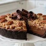 No-Bake German Chocolate Pie on a white marble countertop with chocolate curls and coconut pecan topping.