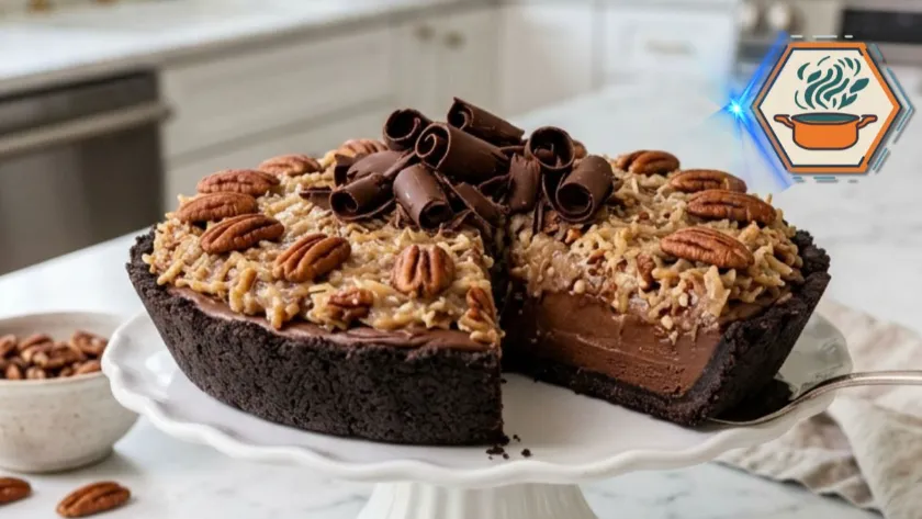 No-Bake German Chocolate Pie on a white marble countertop with chocolate curls and coconut pecan topping.